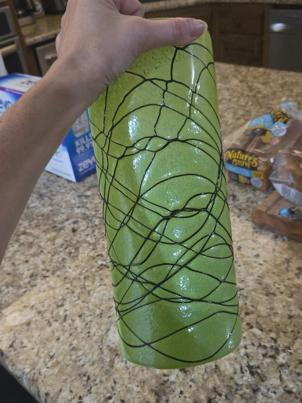 Green Decorative Glass Cylinder Vase with Black Swirl Design
